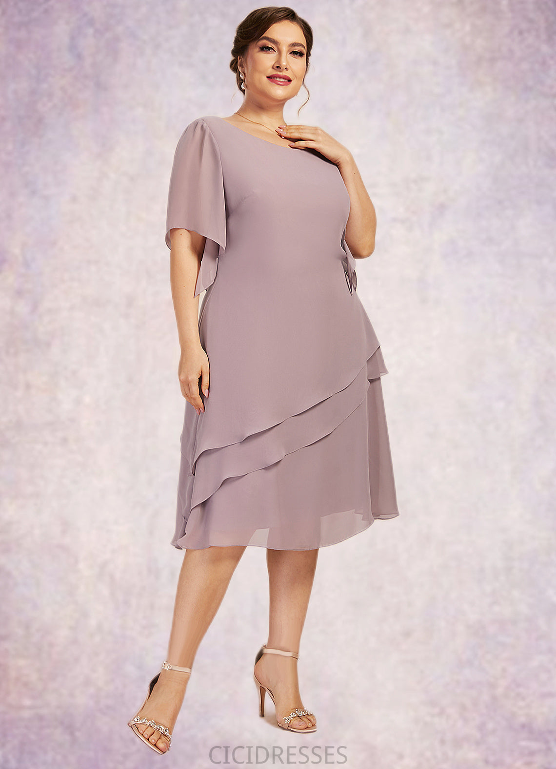 Aurora A-Line Scoop Neck Knee-Length Chiffon Mother of the Bride Dress With Cascading Ruffles CIC8126P0014755