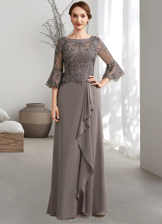 Zaria A-Line Scoop Neck Floor-Length Chiffon Lace Mother of the Bride Dress With Beading Cascading Ruffles CIC8126P0014797