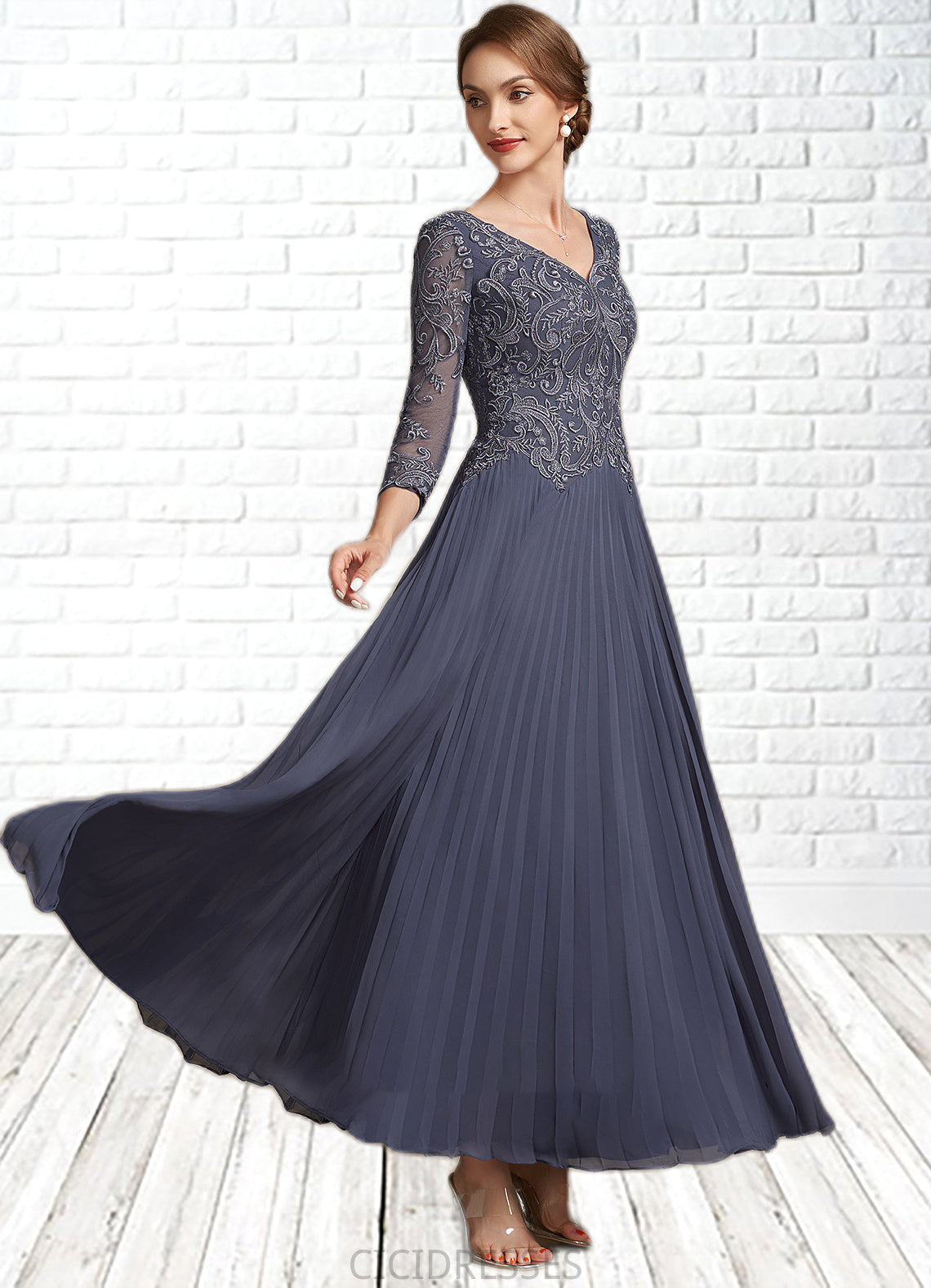 Lizbeth A-Line V-neck Ankle-Length Chiffon Lace Mother of the Bride Dress CIC8126P0014899