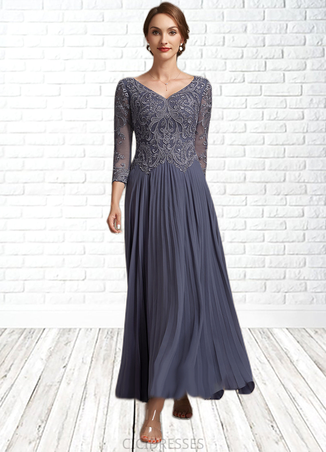 Lizbeth A-Line V-neck Ankle-Length Chiffon Lace Mother of the Bride Dress CIC8126P0014899