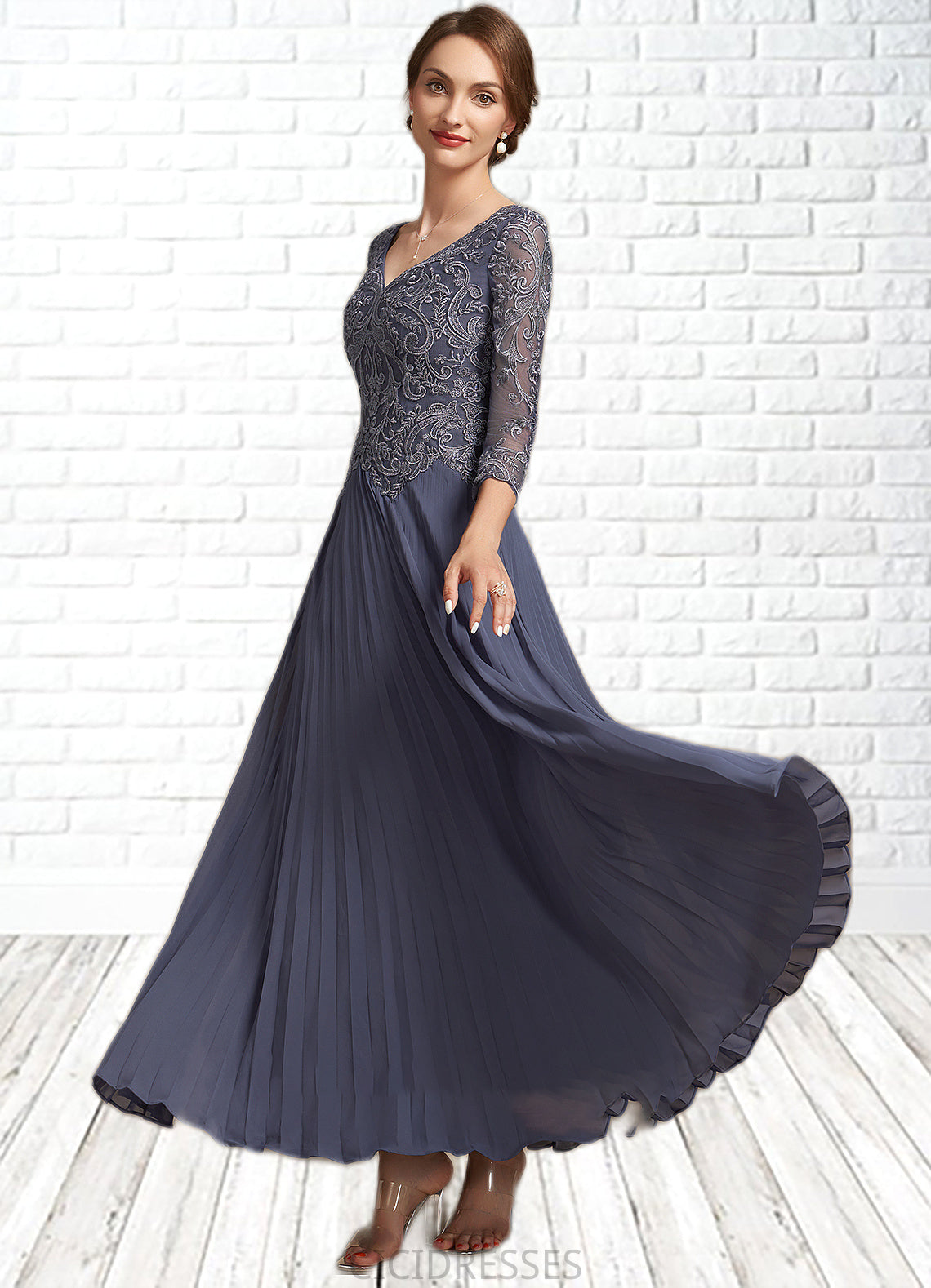 Lizbeth A-Line V-neck Ankle-Length Chiffon Lace Mother of the Bride Dress CIC8126P0014899