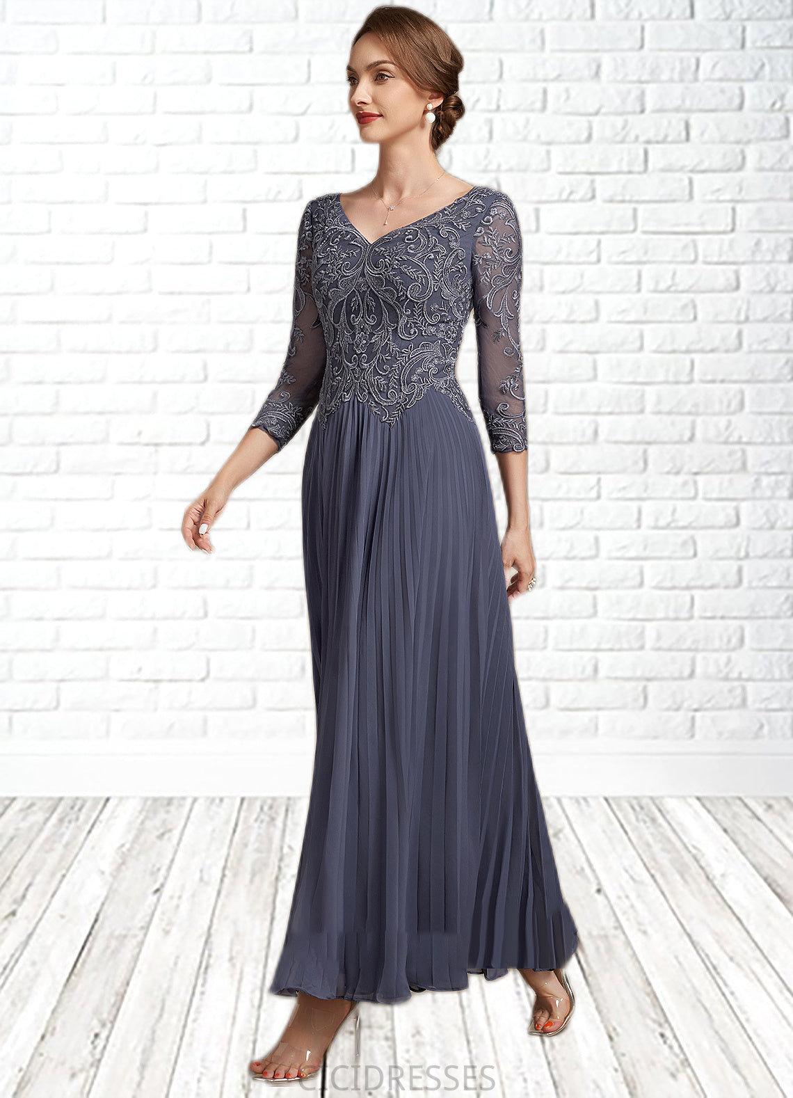 Lizbeth A-Line V-neck Ankle-Length Chiffon Lace Mother of the Bride Dress CIC8126P0014899