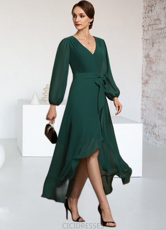 Danna A-Line V-neck Asymmetrical Chiffon Mother of the Bride Dress With Bow(s) Cascading Ruffles CIC8126P0014909