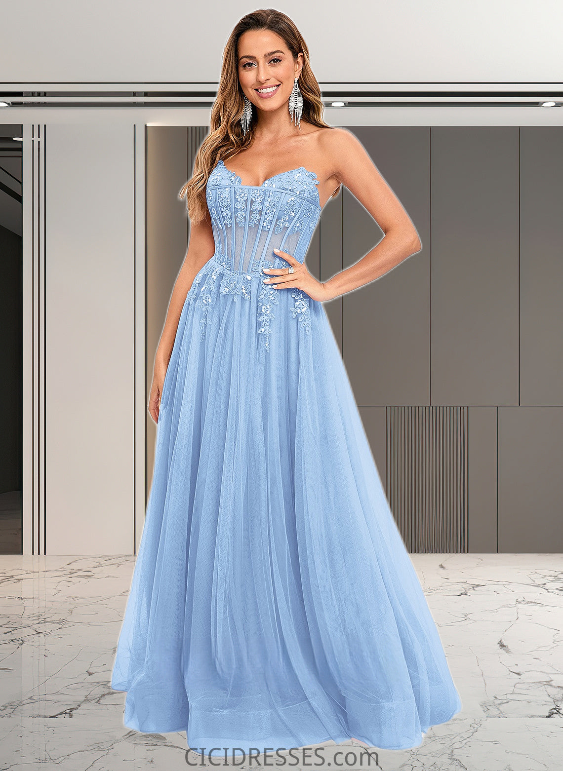 Lynn Ball-Gown/Princess V-Neck Floor-Length Tulle Prom Dresses With Sequins Appliques Lace CIC8P0025837