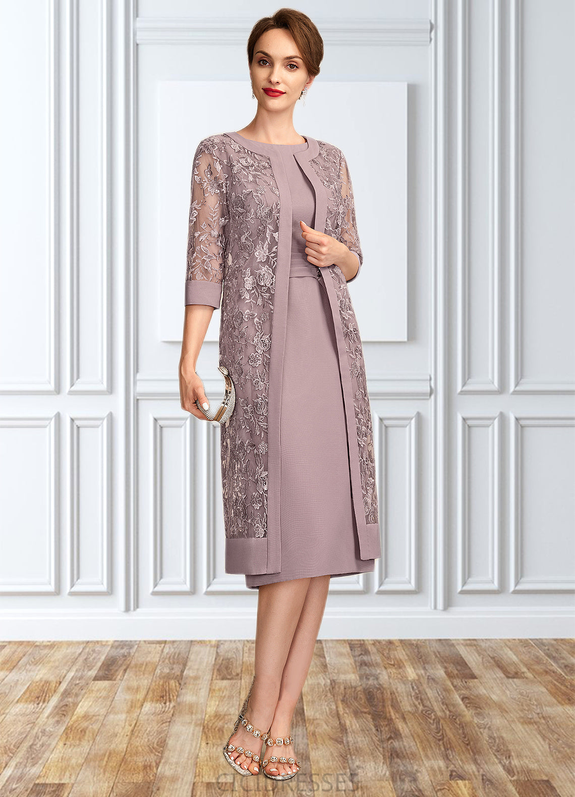 Jamie Sheath/Column Scoop Neck Knee-Length Chiffon Mother of the Bride Dress With Ruffle Sequins CIC8126P0015023