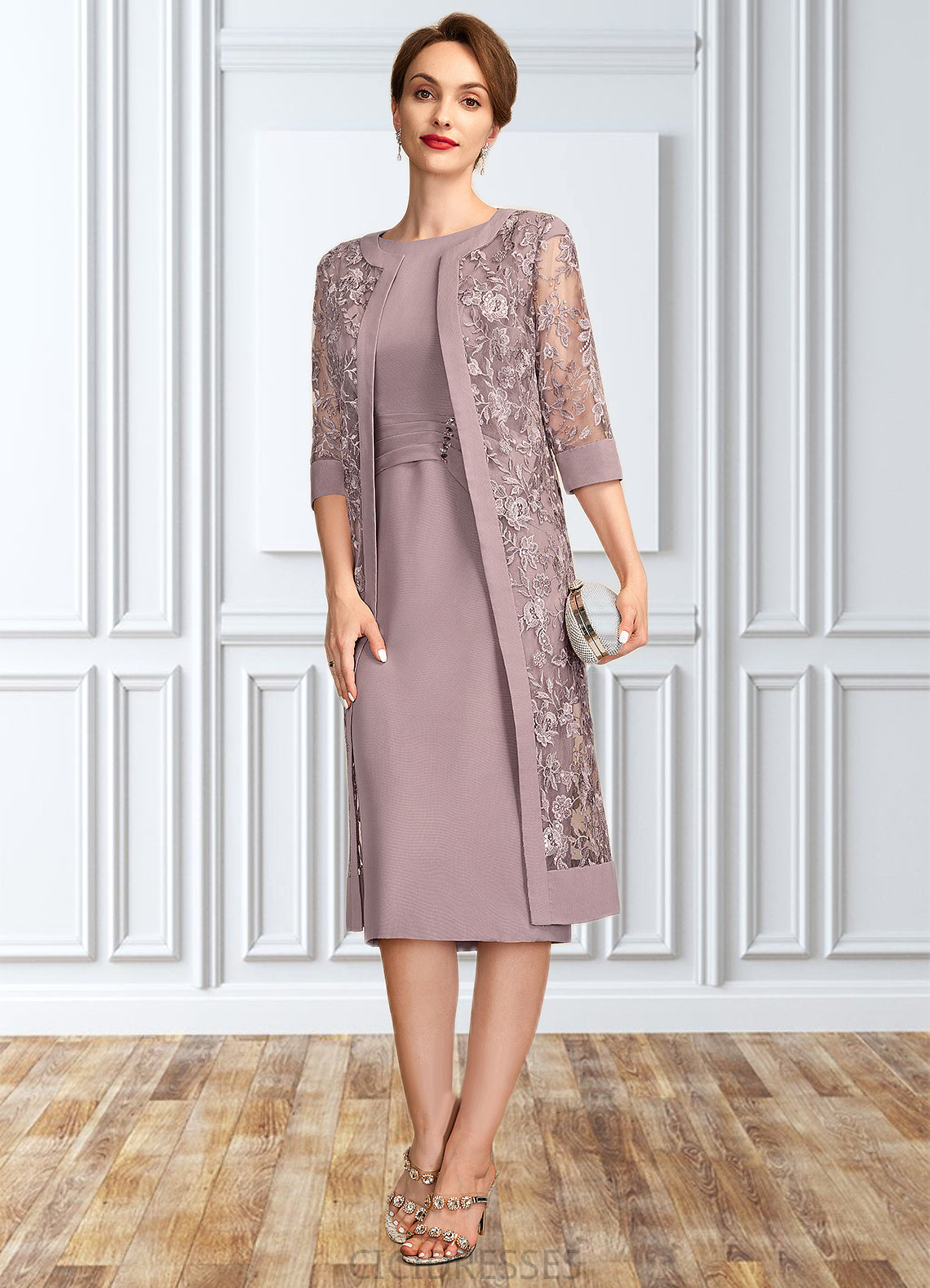 Jamie Sheath/Column Scoop Neck Knee-Length Chiffon Mother of the Bride Dress With Ruffle Sequins CIC8126P0015023