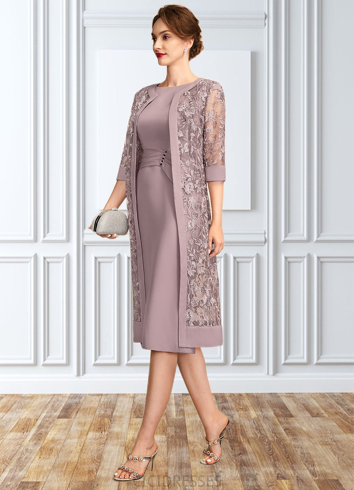 Jamie Sheath/Column Scoop Neck Knee-Length Chiffon Mother of the Bride Dress With Ruffle Sequins CIC8126P0015023