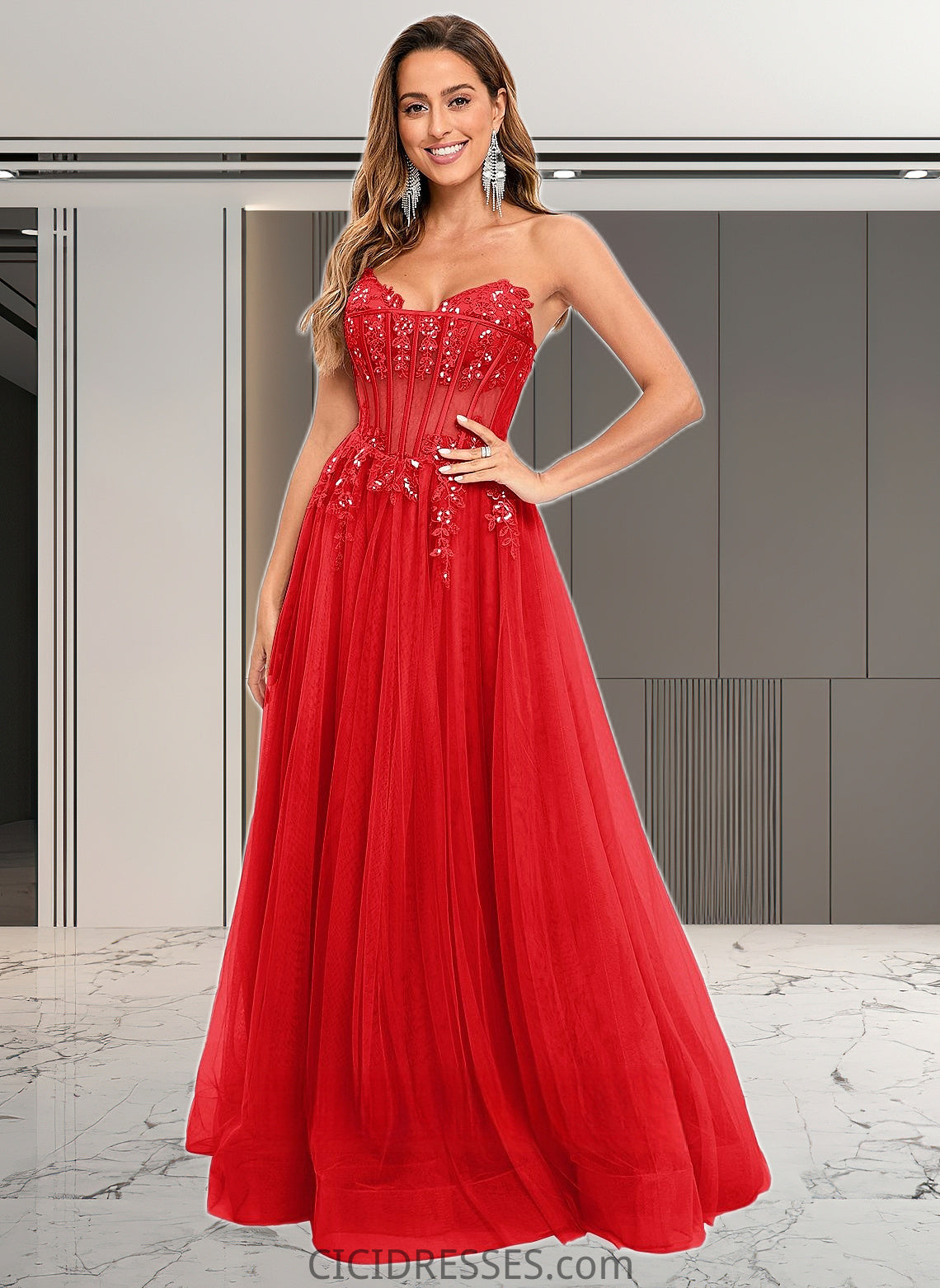 Lynn Ball-Gown/Princess V-Neck Floor-Length Tulle Prom Dresses With Sequins Appliques Lace CIC8P0025837