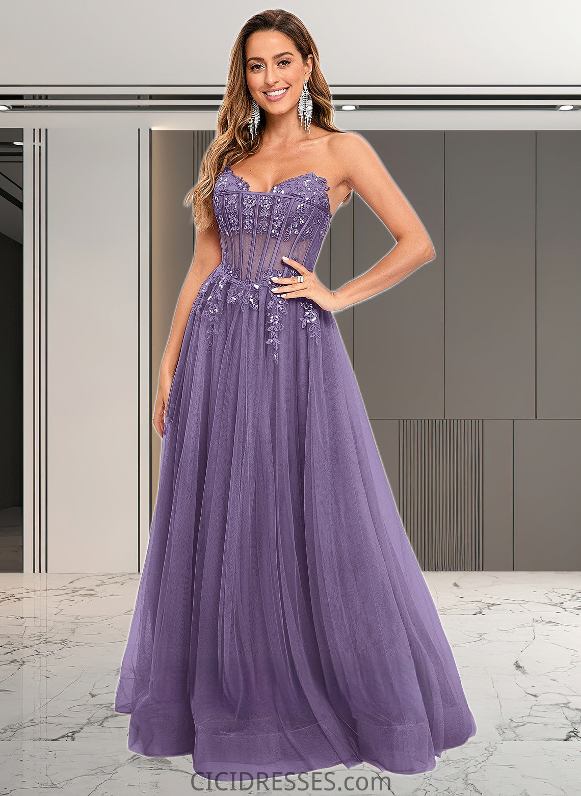 Lynn Ball-Gown/Princess V-Neck Floor-Length Tulle Prom Dresses With Sequins Appliques Lace CIC8P0025837