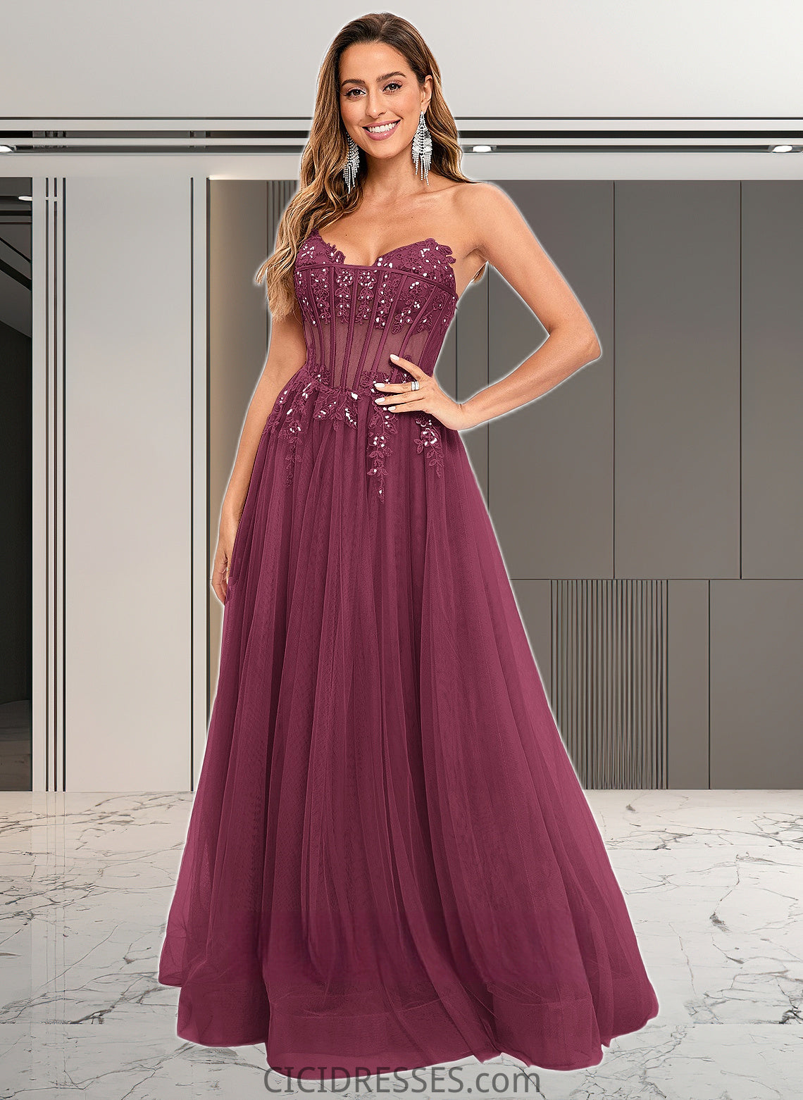 Lynn Ball-Gown/Princess V-Neck Floor-Length Tulle Prom Dresses With Sequins Appliques Lace CIC8P0025837