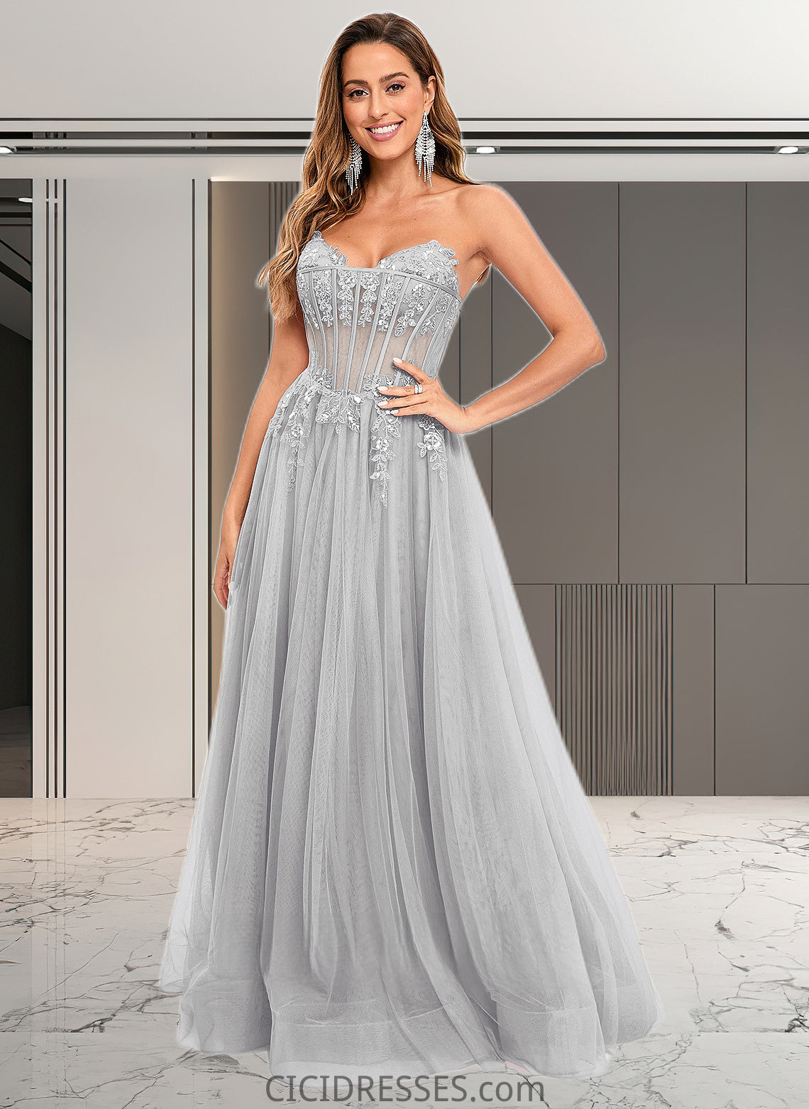 Lynn Ball-Gown/Princess V-Neck Floor-Length Tulle Prom Dresses With Sequins Appliques Lace CIC8P0025837