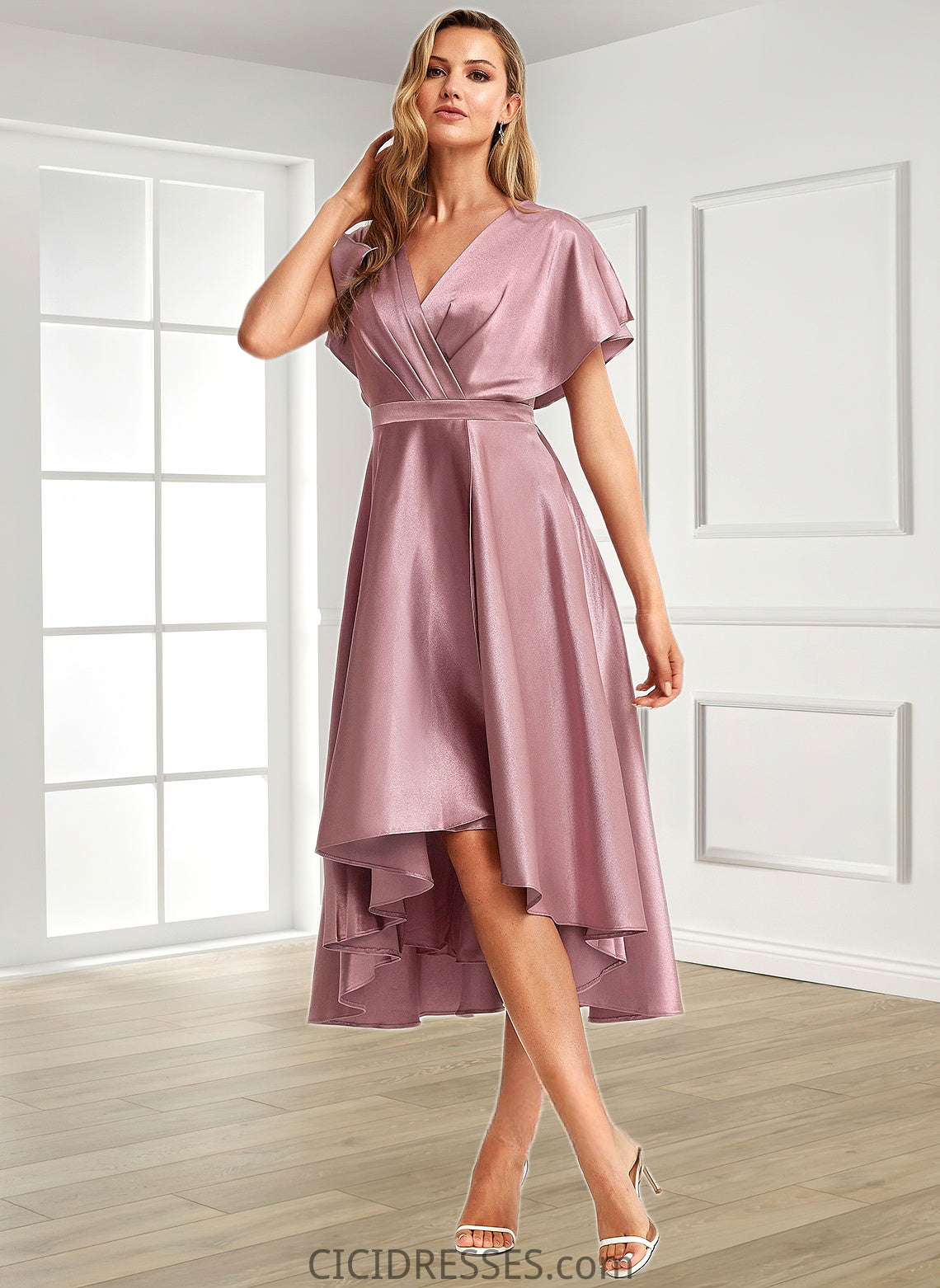 Elvira A-line V-Neck Asymmetrical Stretch Satin Bridesmaid Dress CIC8P0025752