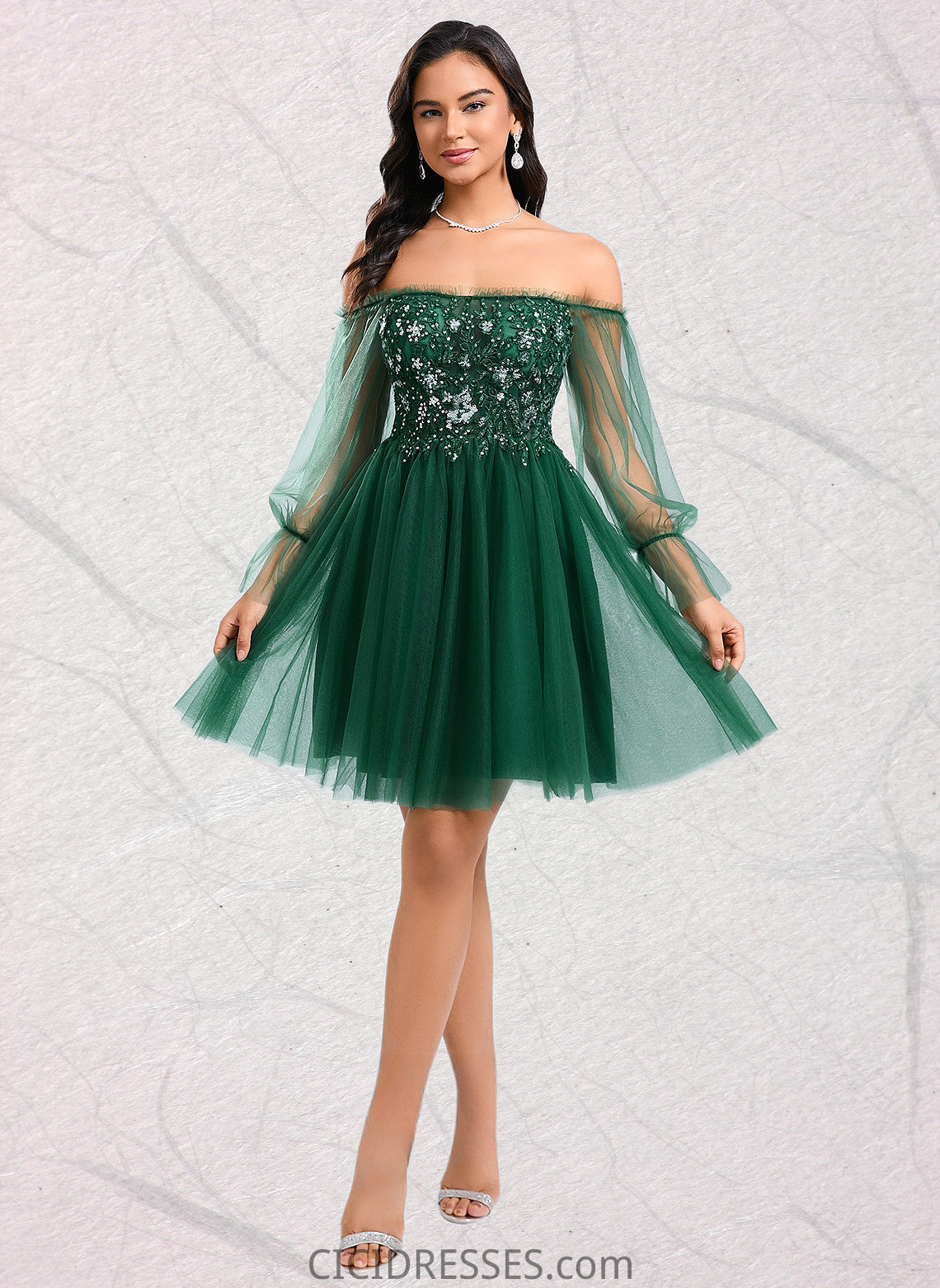 Elena A-line Off the Shoulder Short Tulle Homecoming Dress With Sequins Appliques Lace CIC8P0025663