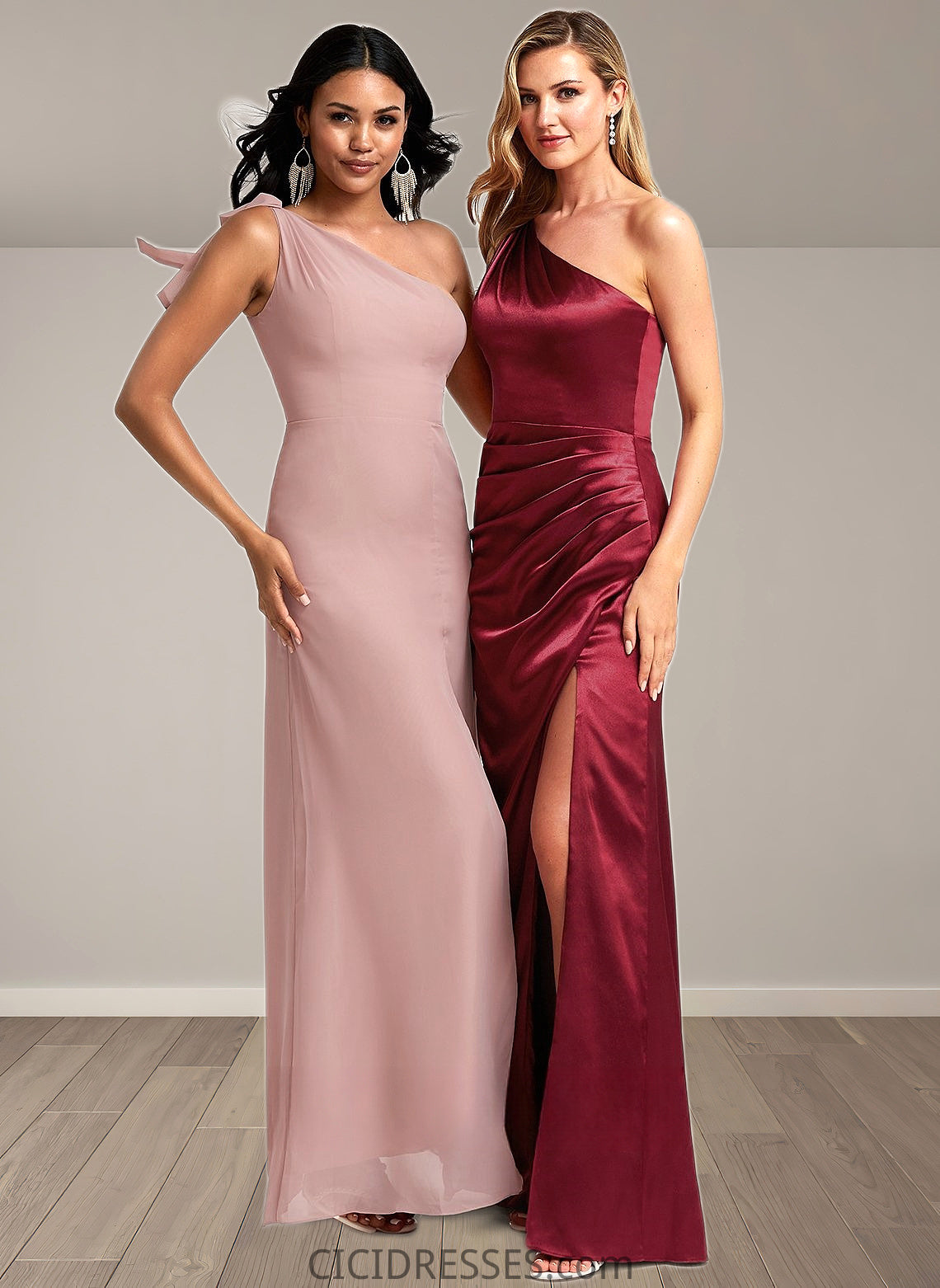 Rebecca A-line One Shoulder Floor-Length Chiffon Bridesmaid Dress With Bow CIC8P0025748