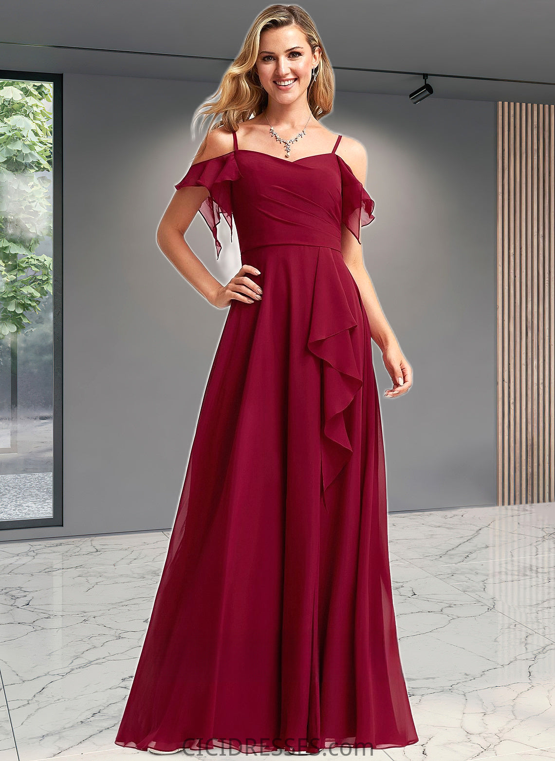 Kaelyn A-line Cold Shoulder Floor-Length Chiffon Bridesmaid Dress With Ruffle CIC8P0025755