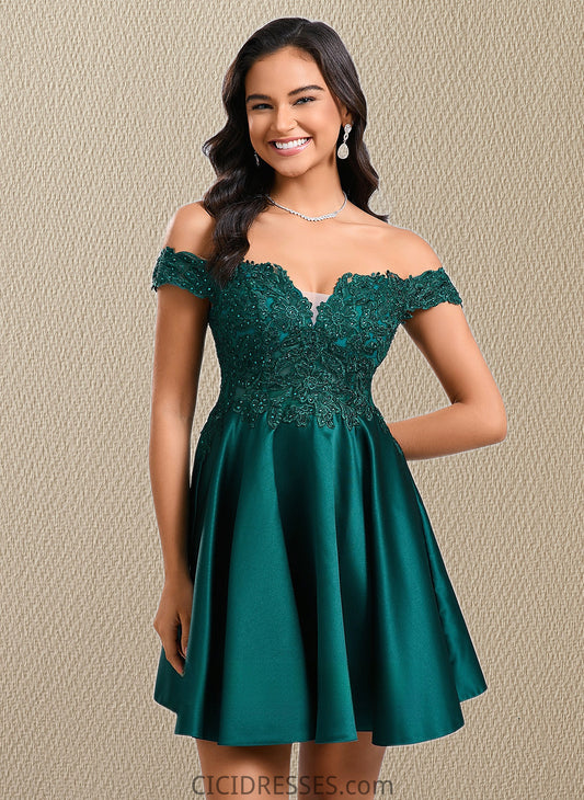 Kaitlyn A-line Off the Shoulder Short Lace Satin Homecoming Dress With Rhinestone CIC8P0025718