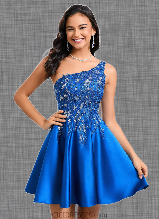 Kaydence A-line One Shoulder Short Satin Homecoming Dress With Appliques Lace Sequins CIC8P0025657