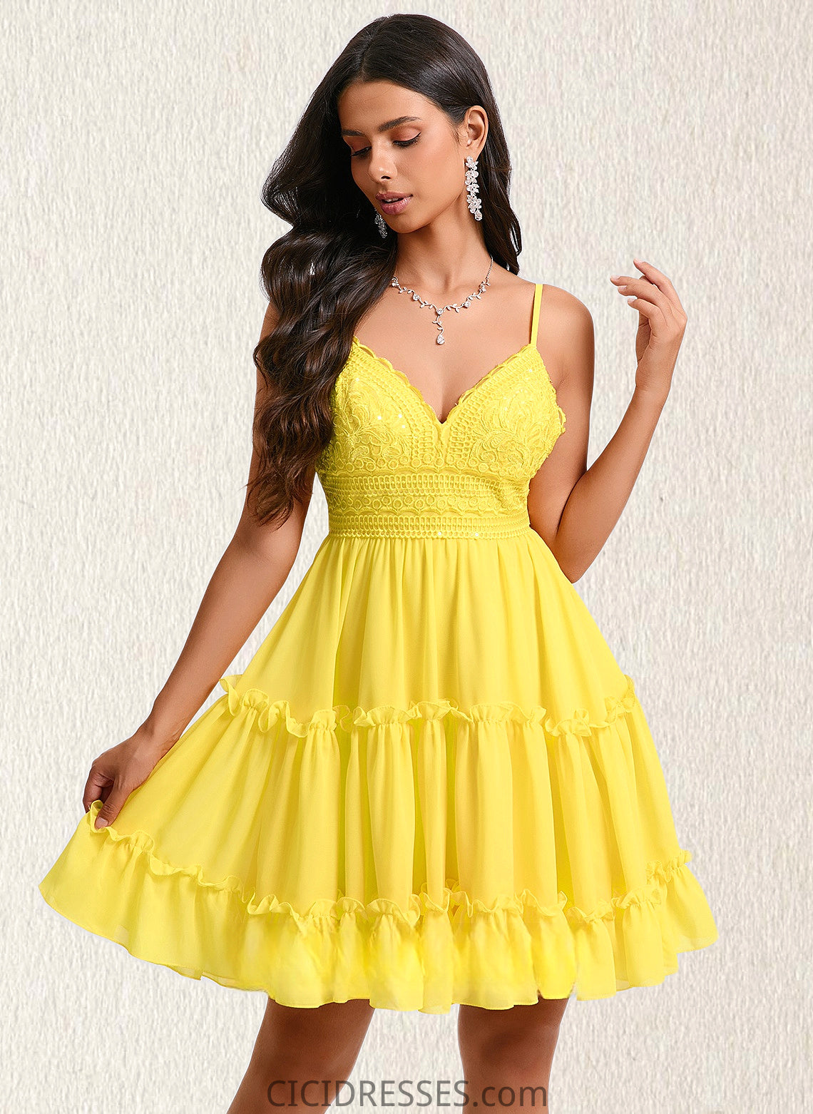 Ingrid A-line V-Neck Short Chiffon Homecoming Dress With Ruffle Sequins CIC8P0025700