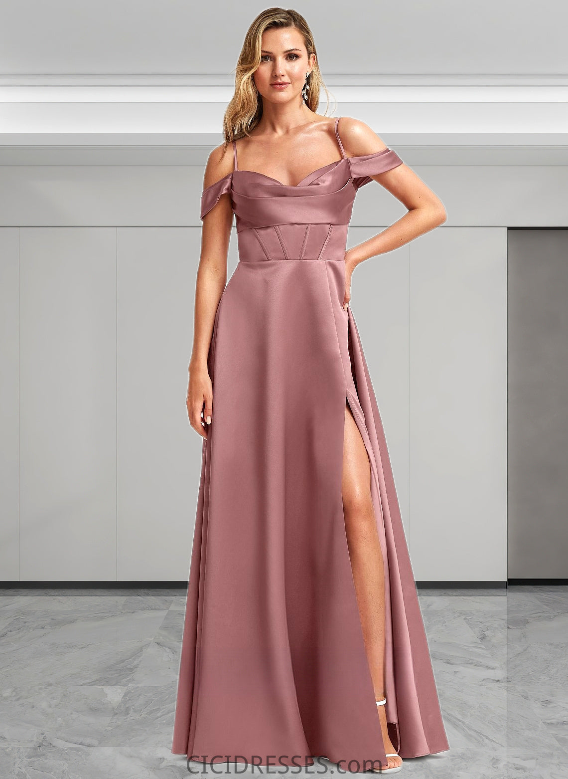 Rhianna A-line Cold Shoulder Floor-Length Satin Bridesmaid Dress CIC8P0025750