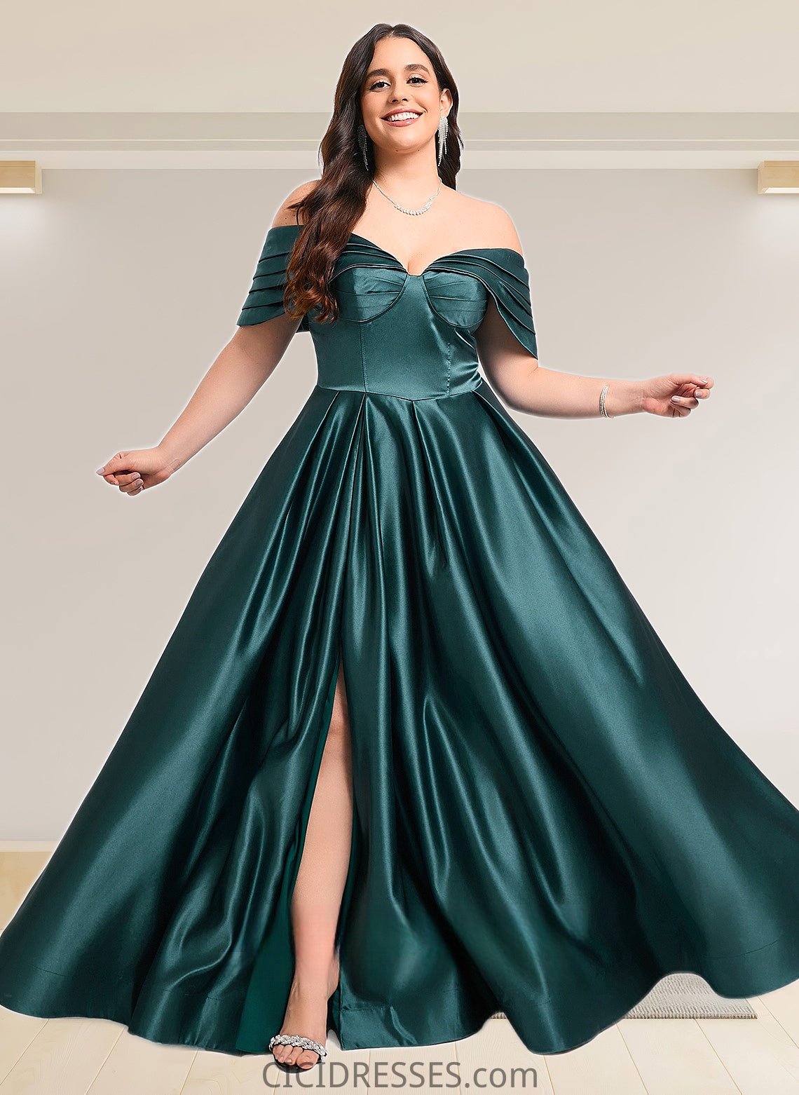 Katherine A-line Off the Shoulder Floor-Length Satin Prom Dresses With Pleated CIC8P0025851