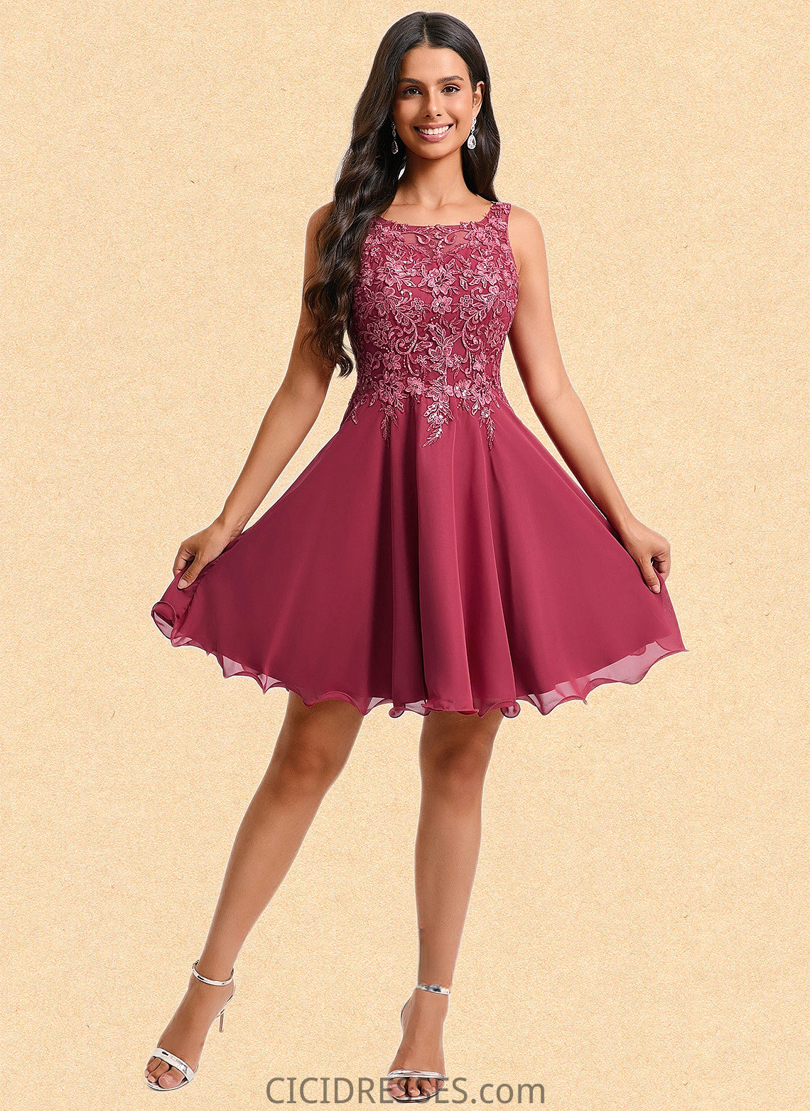 Aaliyah A-line Scoop Short Chiffon Homecoming Dress With Sequins Appliques Lace CIC8P0025681