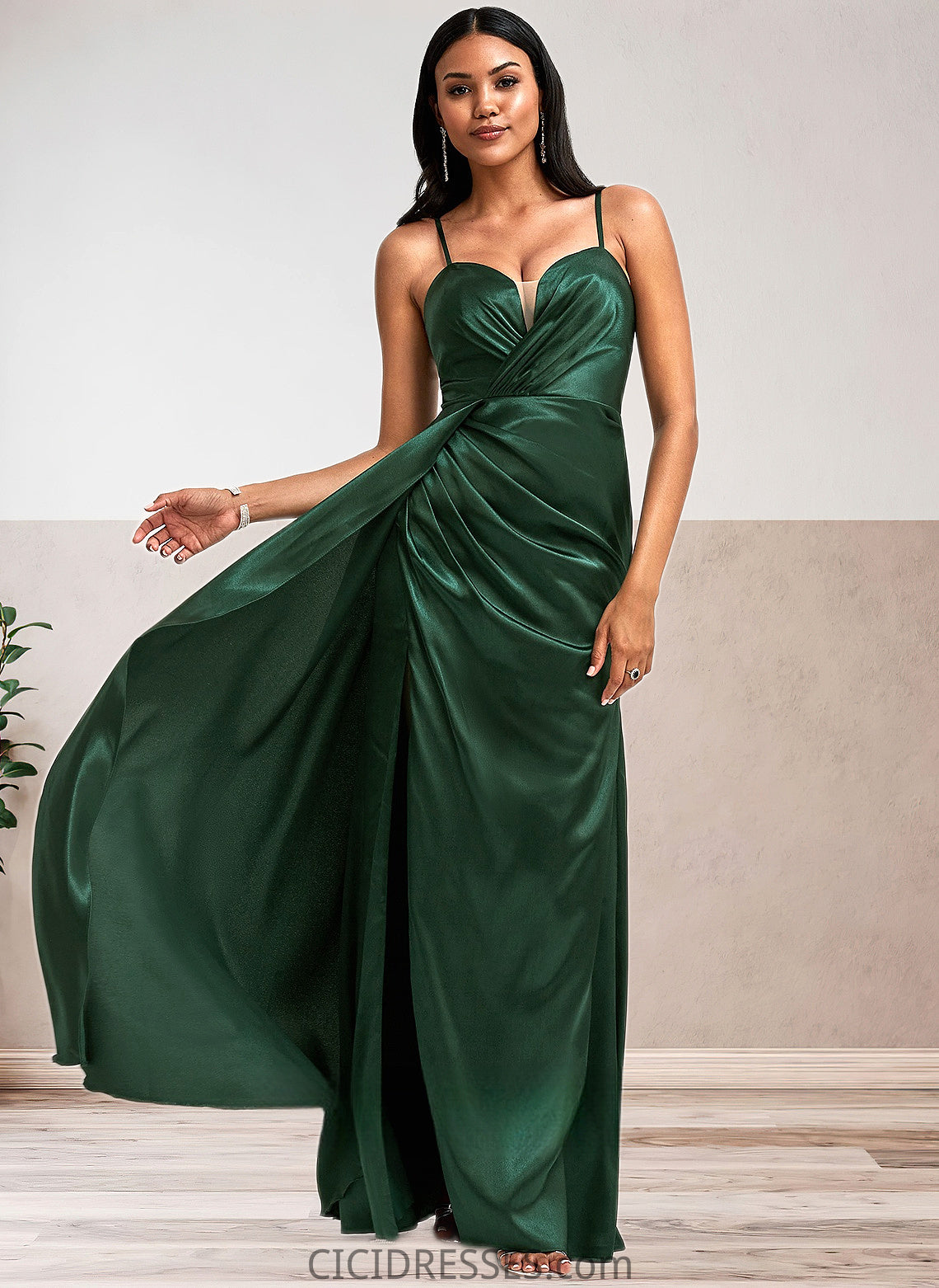 Tess A-line V-Neck Floor-Length Stretch Satin Bridesmaid Dress CIC8P0025745