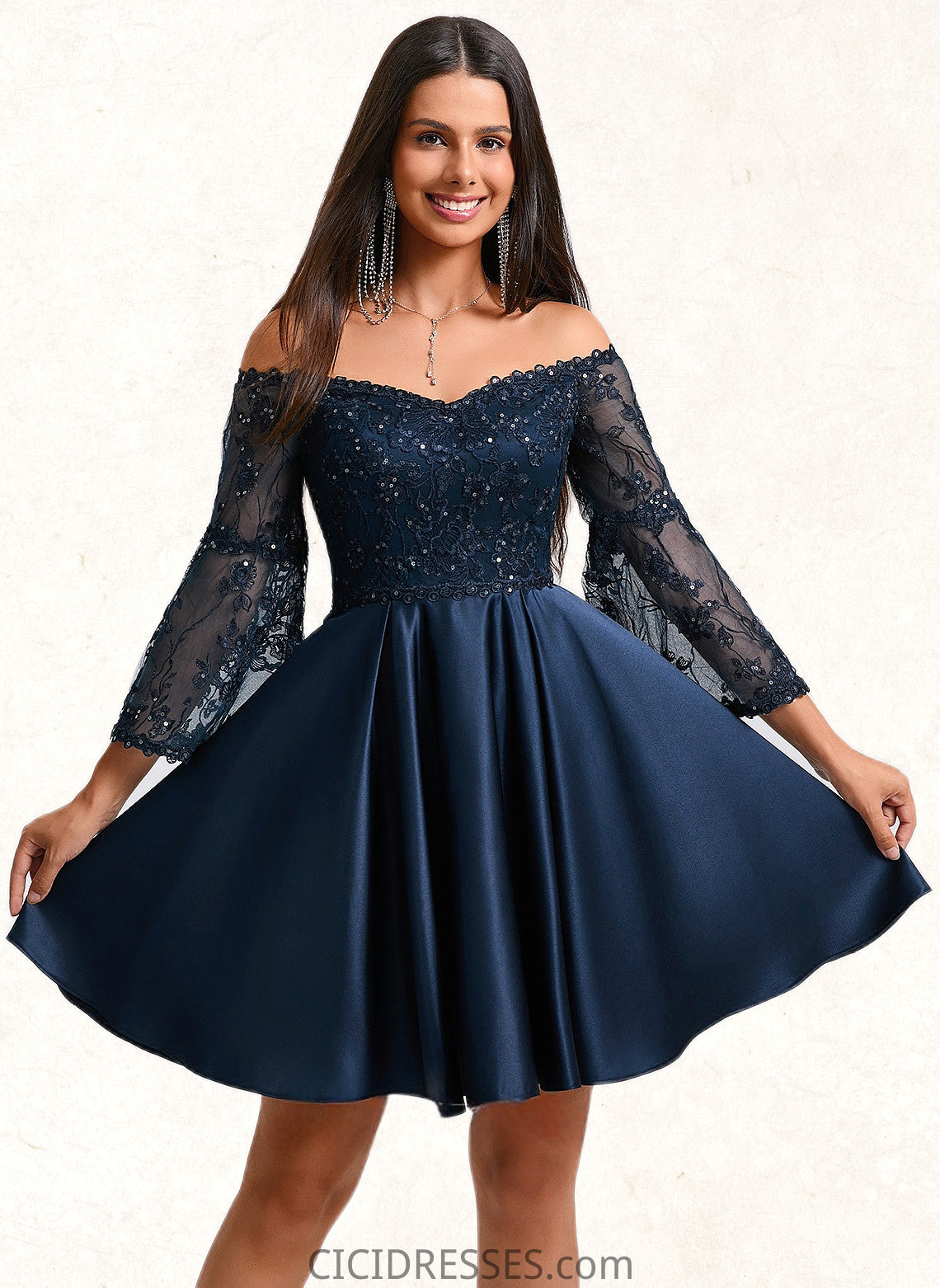 Emery A-line Off the Shoulder Short Satin Homecoming Dress With Sequins CIC8P0025651