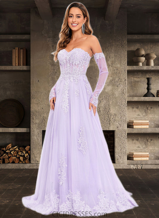 Pancy A-line Sweetheart Sweep Train Tulle Prom Dresses With Sequins Appliques Lace CIC8P0025856