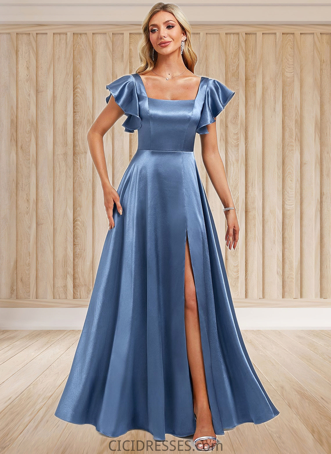 Ruth A-line Square Floor-Length Stretch Satin Bridesmaid Dress With Ruffle CIC8P0025769