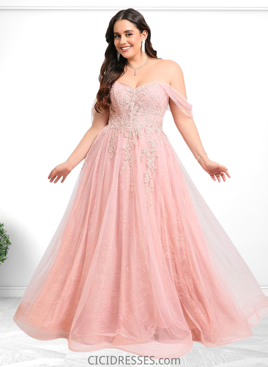 Kayley A-line Sweetheart Off the Shoulder Floor-Length Tulle Floral Lace Prom Dresses With Appliques Lace CIC8P0025870