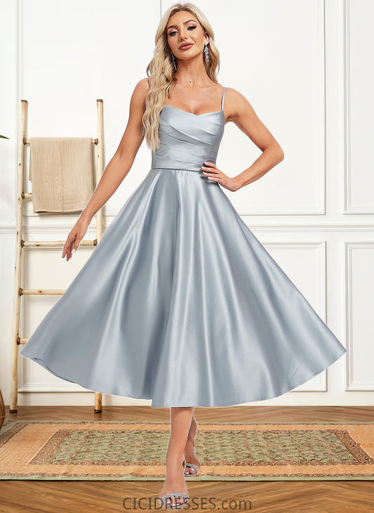 Lyric A-line V-Neck Tea-Length Satin Bridesmaid Dress CIC8P0025794