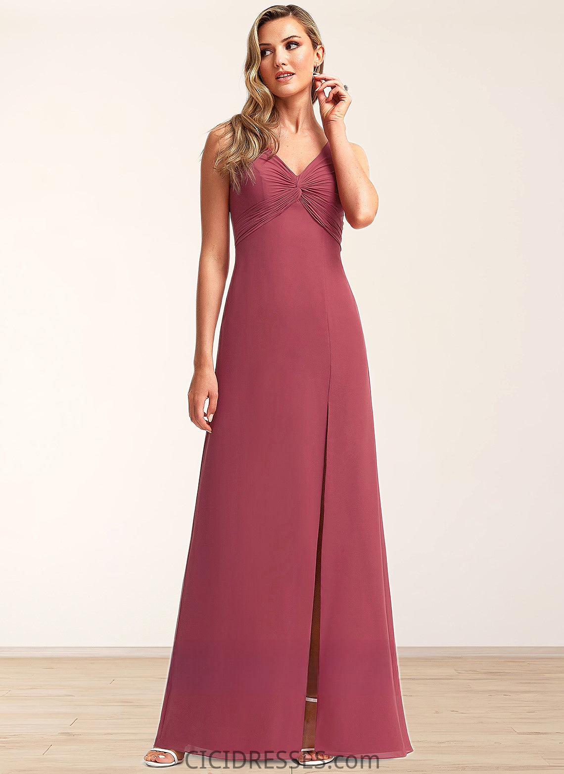 Emely A-line V-Neck Floor-Length Chiffon Bridesmaid Dress CIC8P0025753