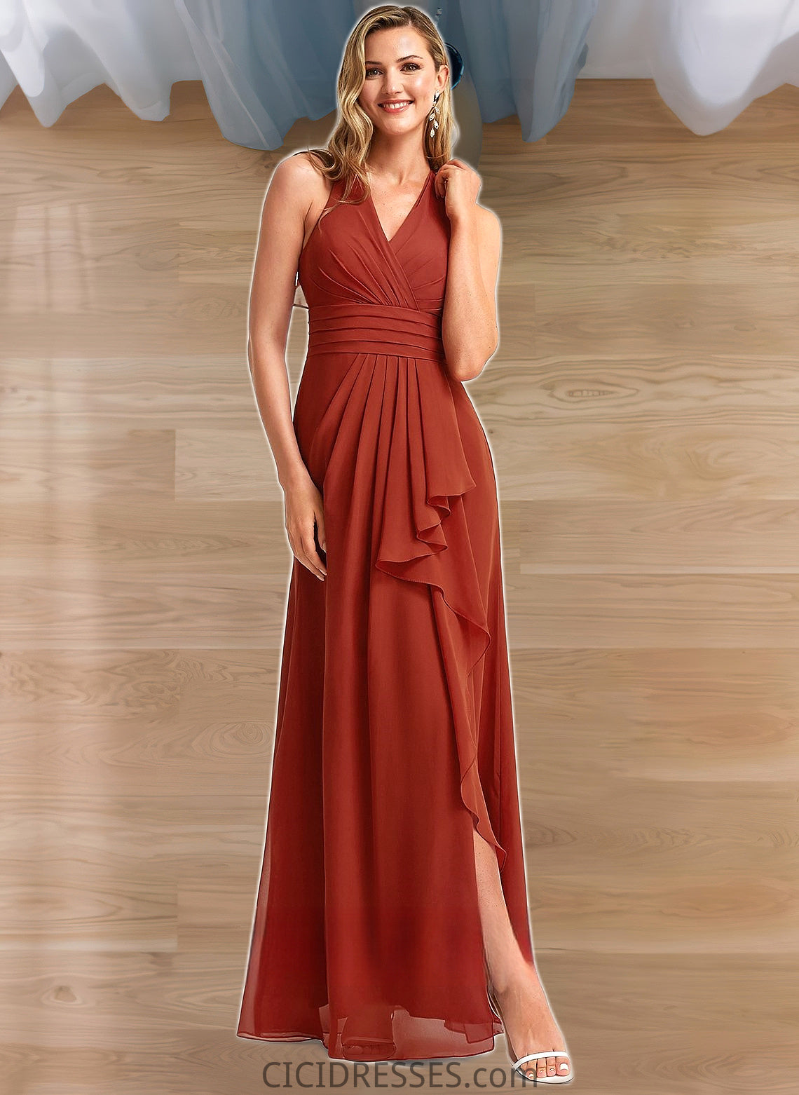 Carissa A-line V-Neck Floor-Length Chiffon Bridesmaid Dress With Ruffle CIC8P0025754