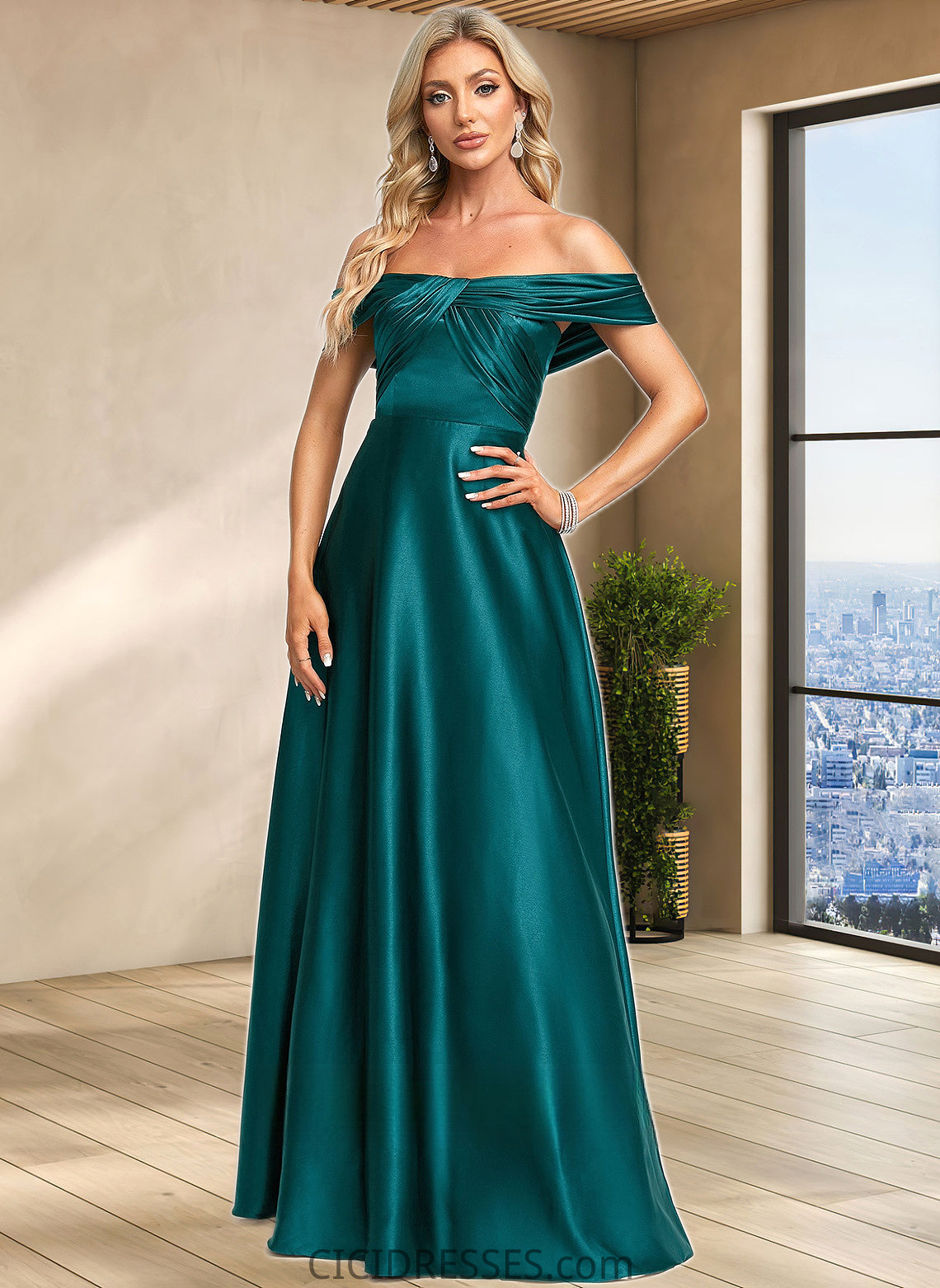 Phyllis A-line Off the Shoulder Floor-Length Stretch Satin Prom Dresses CIC8P0025879