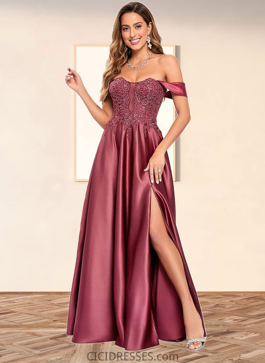 April A-line Off the Shoulder Floor-Length Satin Lace Prom Dresses With Sequins CIC8P0025841