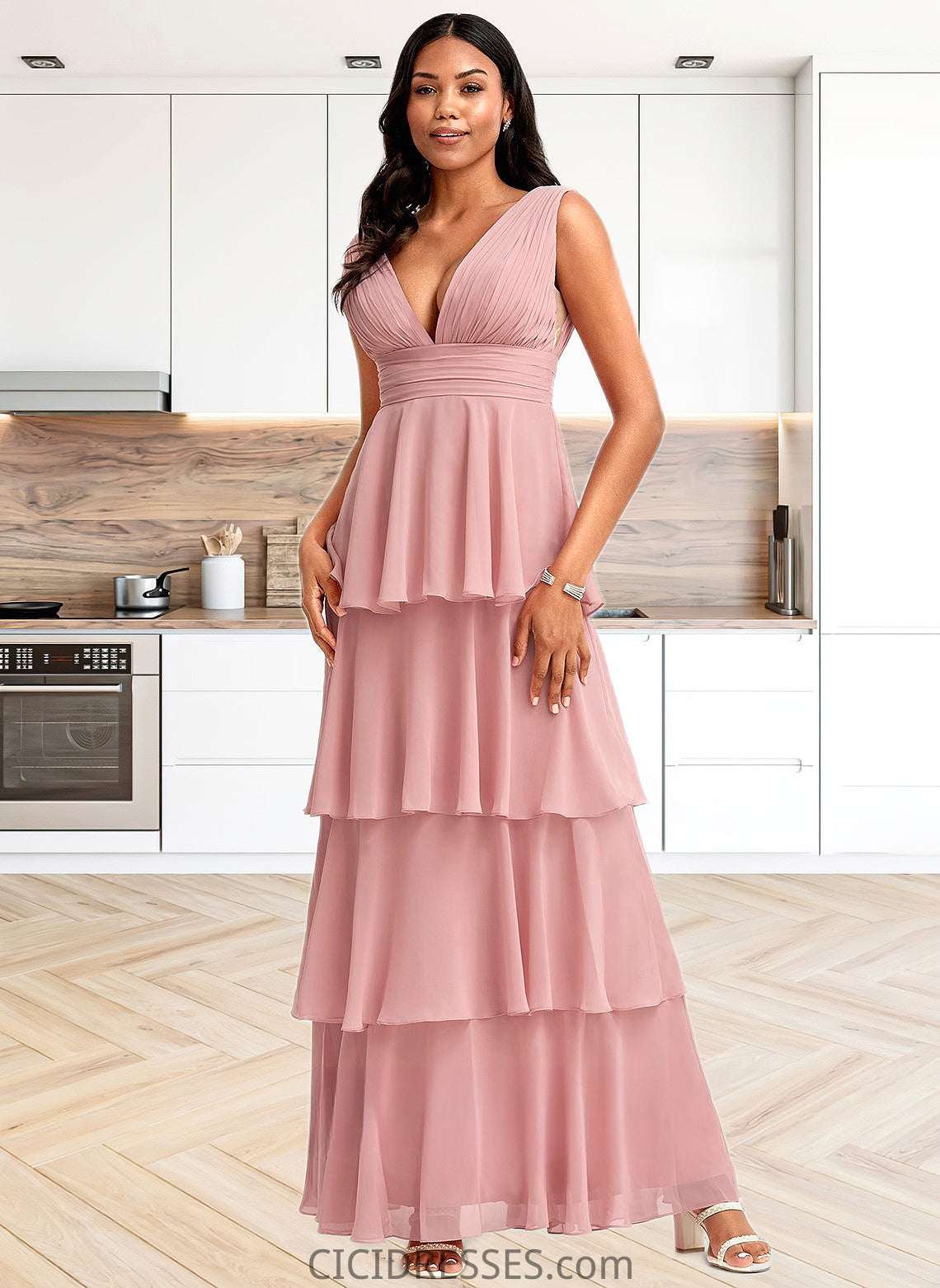 Aracely A-line V-Neck Floor-Length Chiffon Bridesmaid Dress CIC8P0025749