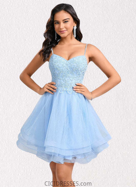 Amy A-line V-Neck Short Lace Tulle Homecoming Dress With Rhinestone Sequins CIC8P0025658