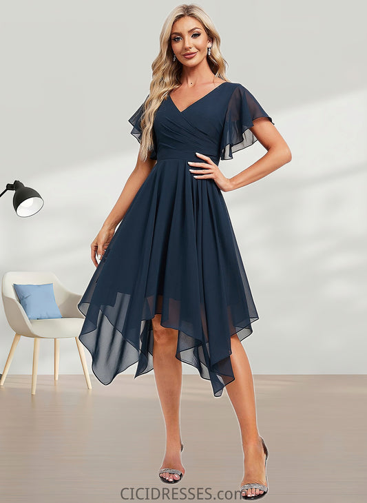 Jakayla A-line V-Neck Asymmetrical Chiffon Bridesmaid Dress With Ruffle CIC8P0025804