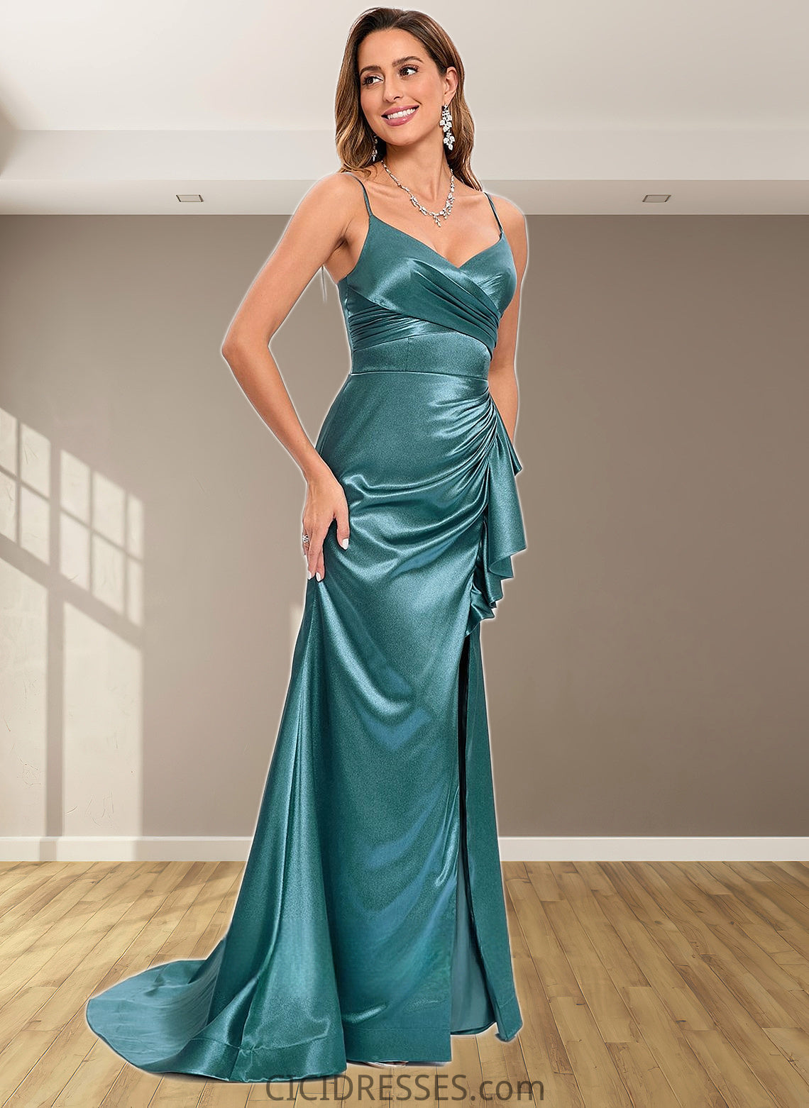 Desiree Trumpet/Mermaid V-Neck Sweep Train Stretch Satin Prom Dresses CIC8P0025855