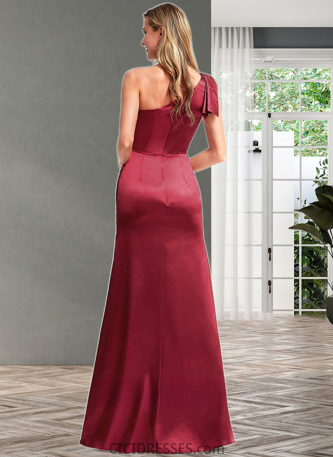 Yvonne A-line One Shoulder Floor-Length Stretch Satin Bridesmaid Dress With Bow CIC8P0025758