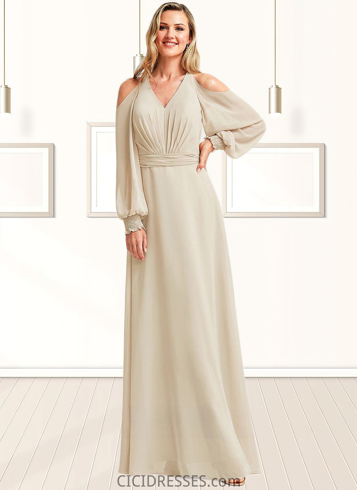 Julissa A-line Cold Shoulder Floor-Length Chiffon Bridesmaid Dress CIC8P0025760