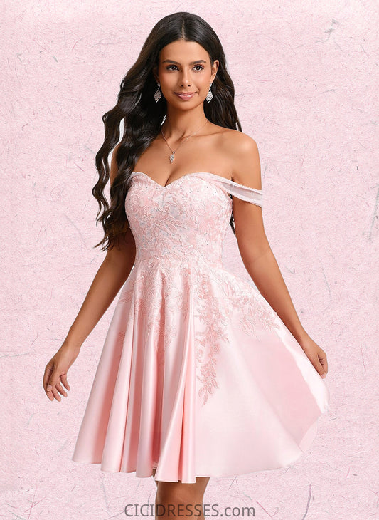 Melissa A-line Off the Shoulder Short Satin Homecoming Dress With Rhinestone Beading Appliques Lace CIC8P0025679