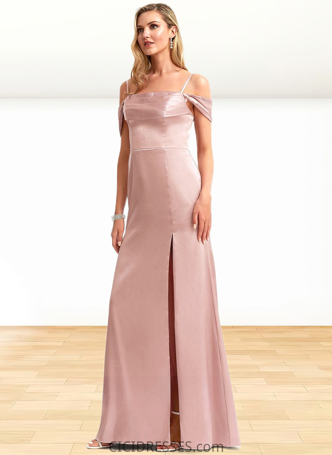 Sarahi A-line Cold Shoulder Floor-Length Stretch Satin Bridesmaid Dress CIC8P0025747