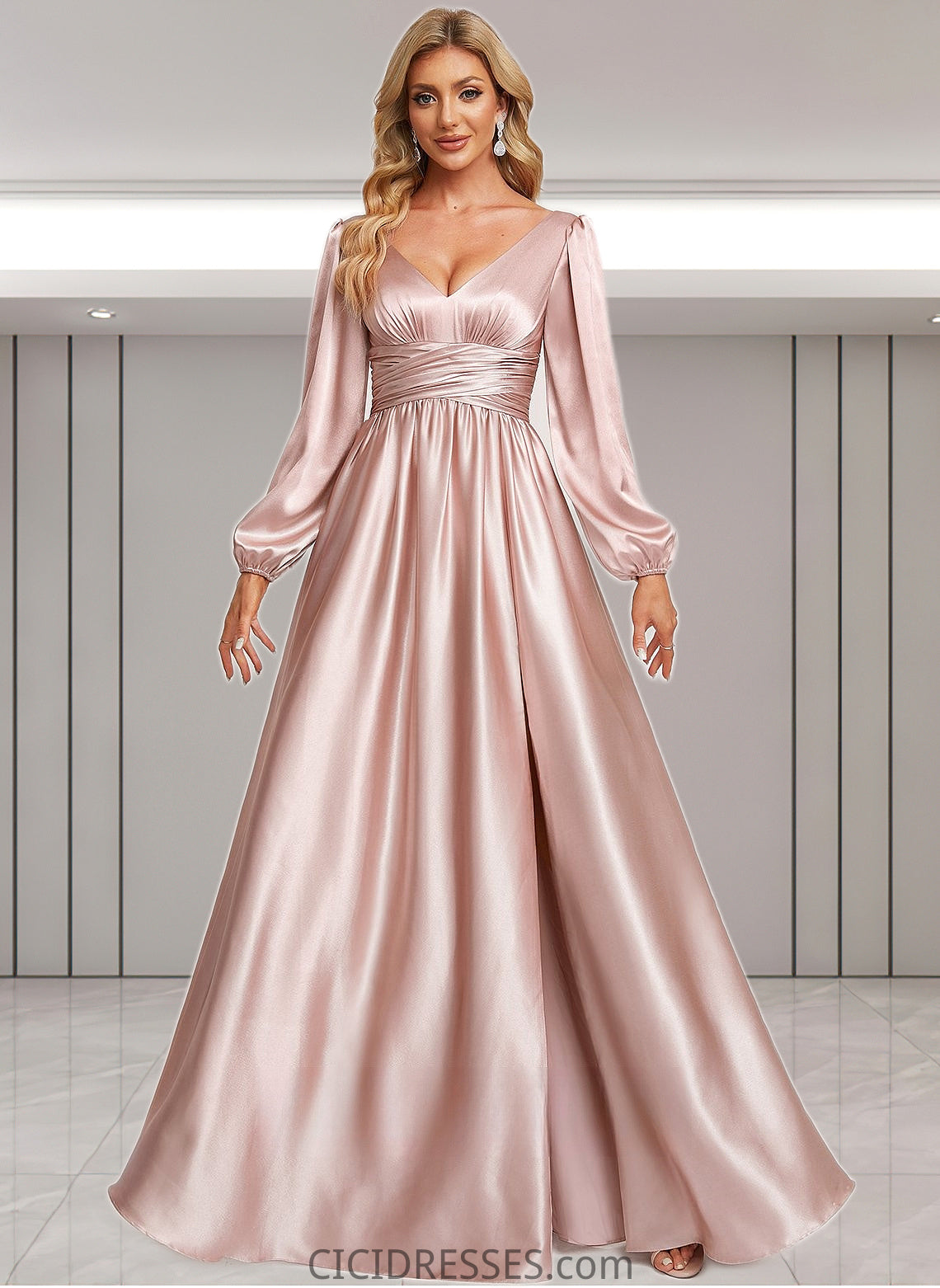 Lucinda A-line V-Neck Floor-Length Stretch Satin Prom Dresses CIC8P0025880