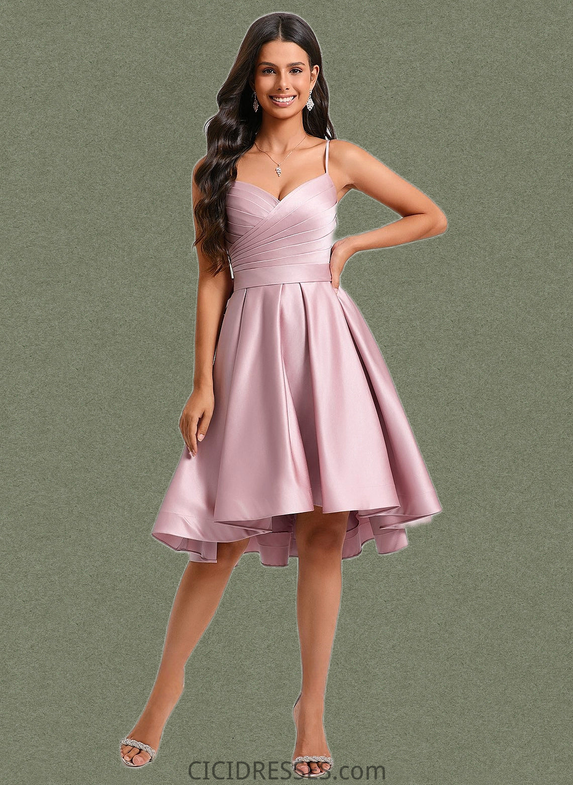 Vicky A-line V-Neck Asymmetrical Satin Homecoming Dress With Bow Pleated CIC8P0025699