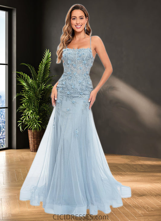 Kadence Trumpet/Mermaid Straight Sweep Train Tulle Prom Dresses With Flower CIC8P0025866