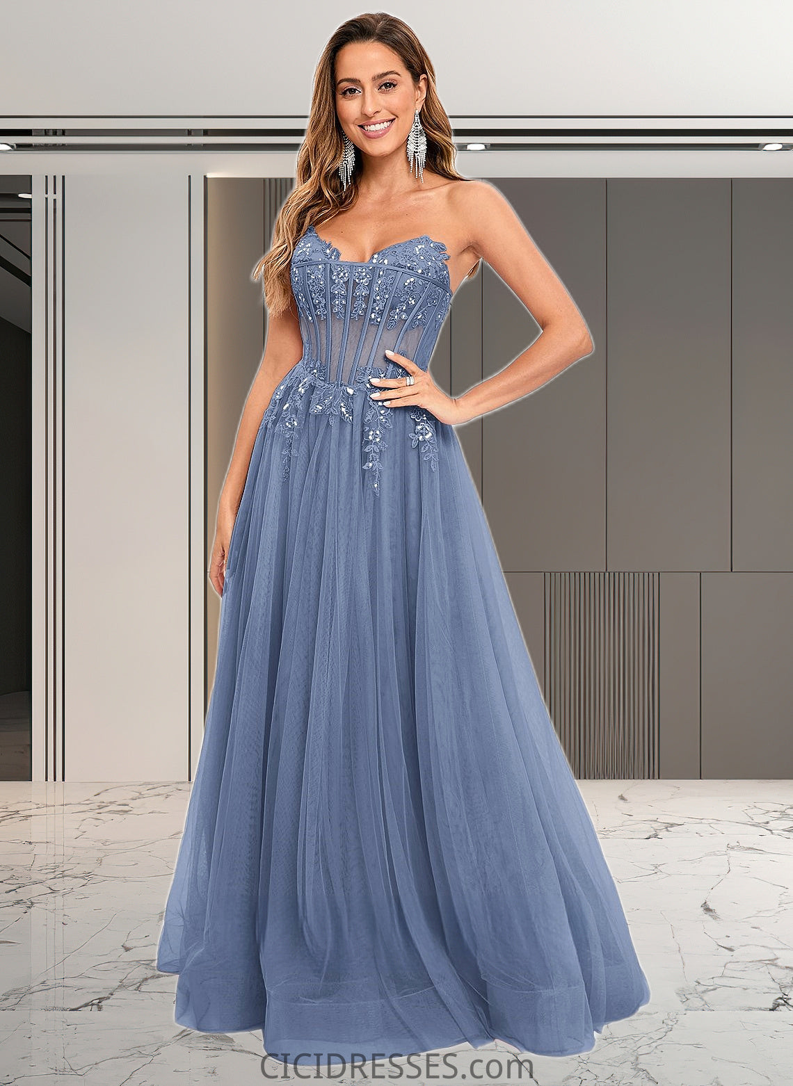 Lynn Ball-Gown/Princess V-Neck Floor-Length Tulle Prom Dresses With Sequins Appliques Lace CIC8P0025837