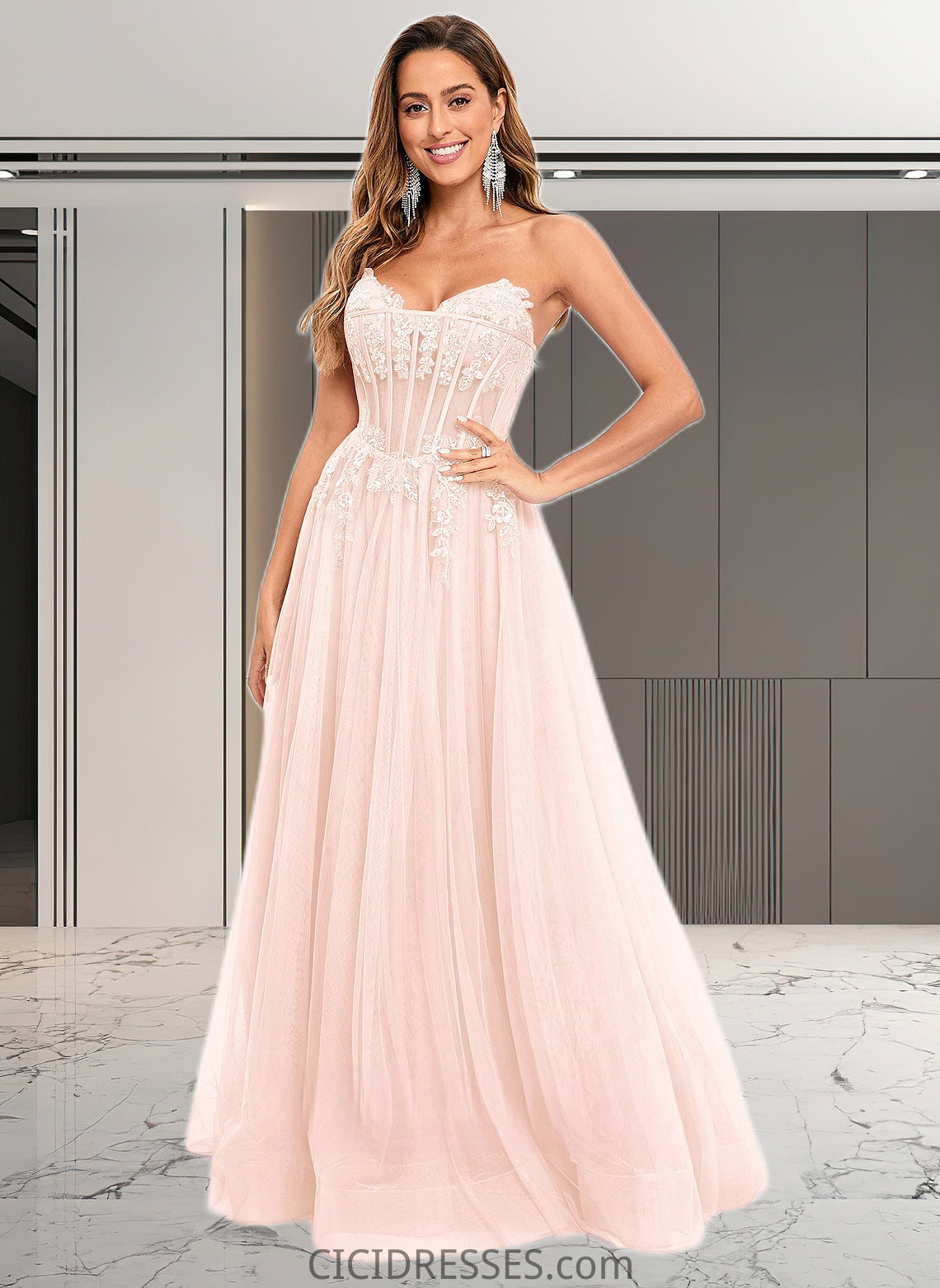 Lynn Ball-Gown/Princess V-Neck Floor-Length Tulle Prom Dresses With Sequins Appliques Lace CIC8P0025837