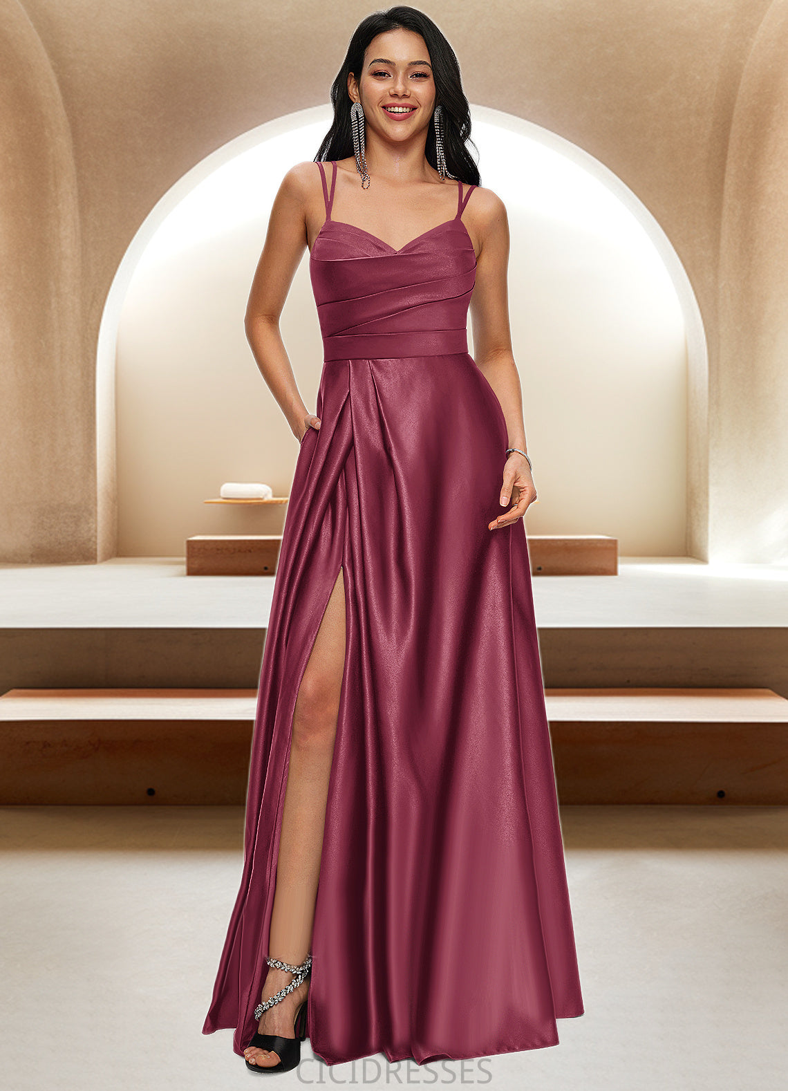 Sandra A-line V-Neck Floor-Length Satin Prom Dresses CIC8P0022197