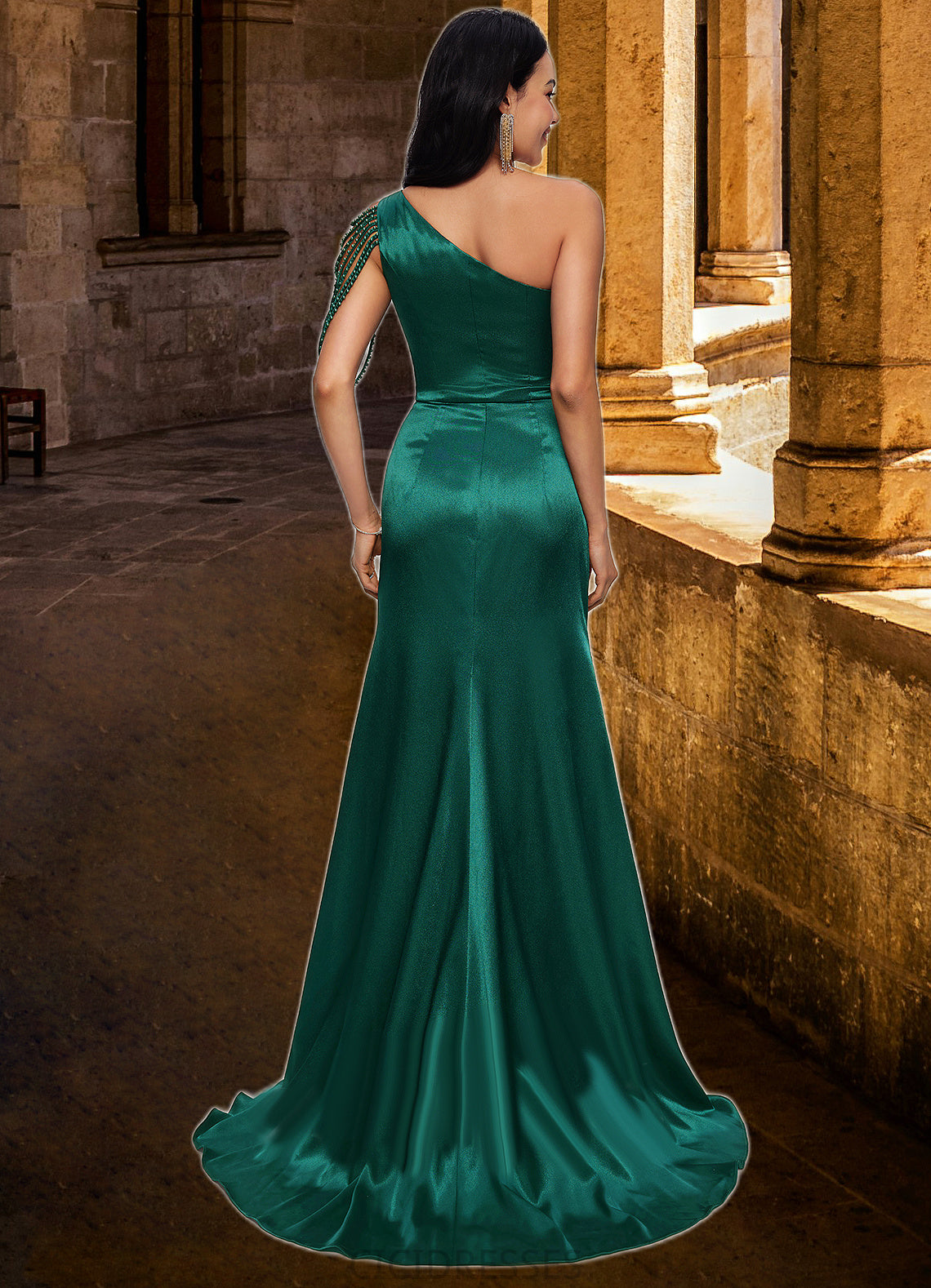 Sofia Trumpet/Mermaid One Shoulder Sweep Train Stretch Satin Prom Dresses With Beading CIC8P0022205